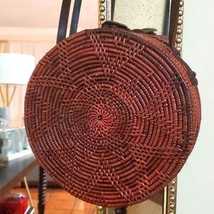 Handwoven Round Rattan Bag Shoulder Leather Straps Natural Chic - NWOT